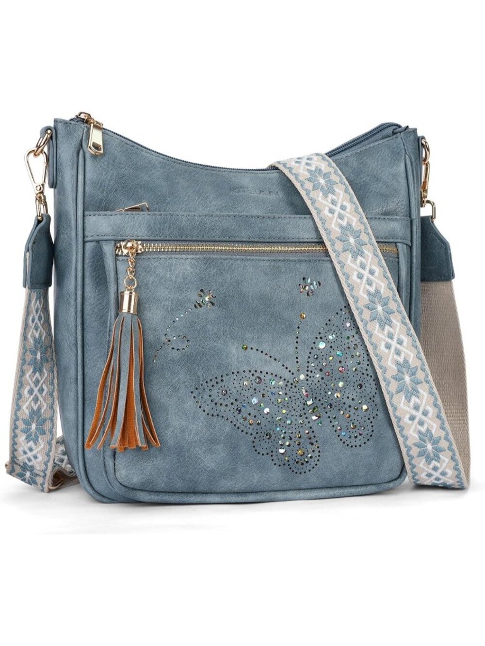 Women's Blue Leather Stylish Butterfly Shoulder Crossbody Handbags with Tassel